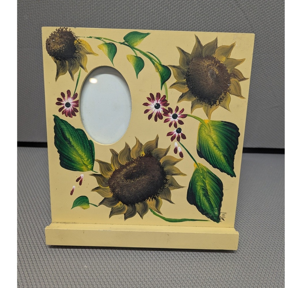 VTG Hand Painted Sunflower Wooden Picture Frame Oval Opening Signed Yellow Fall